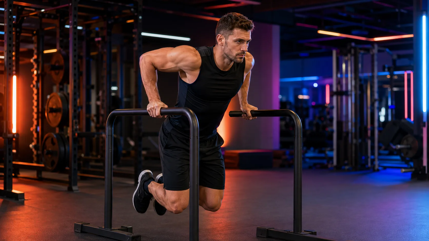 Athlète réalisant des dips sur des barres parallèles dans une salle de musculation