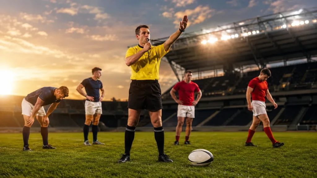 Arbitre sifflant la fin d’un match pour illustrer la durée d'un Match de Rugby