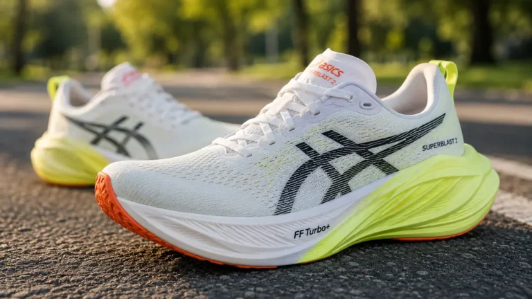 Paire de chaussures ASICS Superblast 2 posée sur une route au coucher du soleil