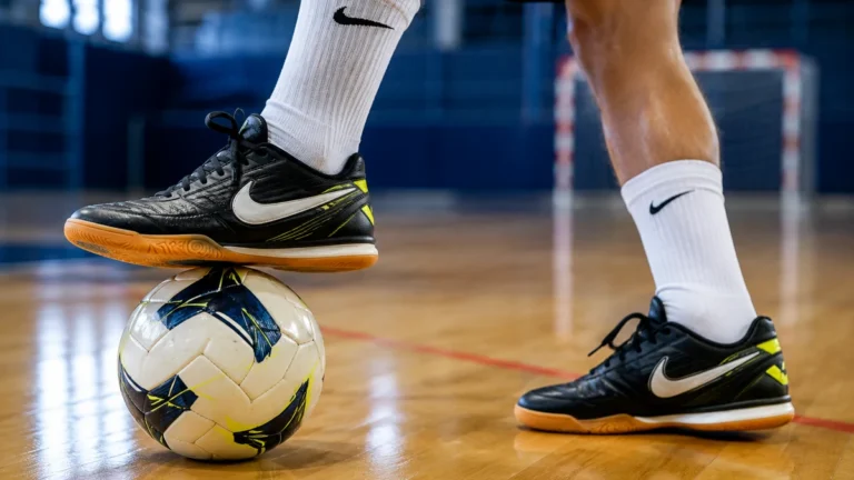 Chaussure foot salle portée sur un terrain de futsal en parquet