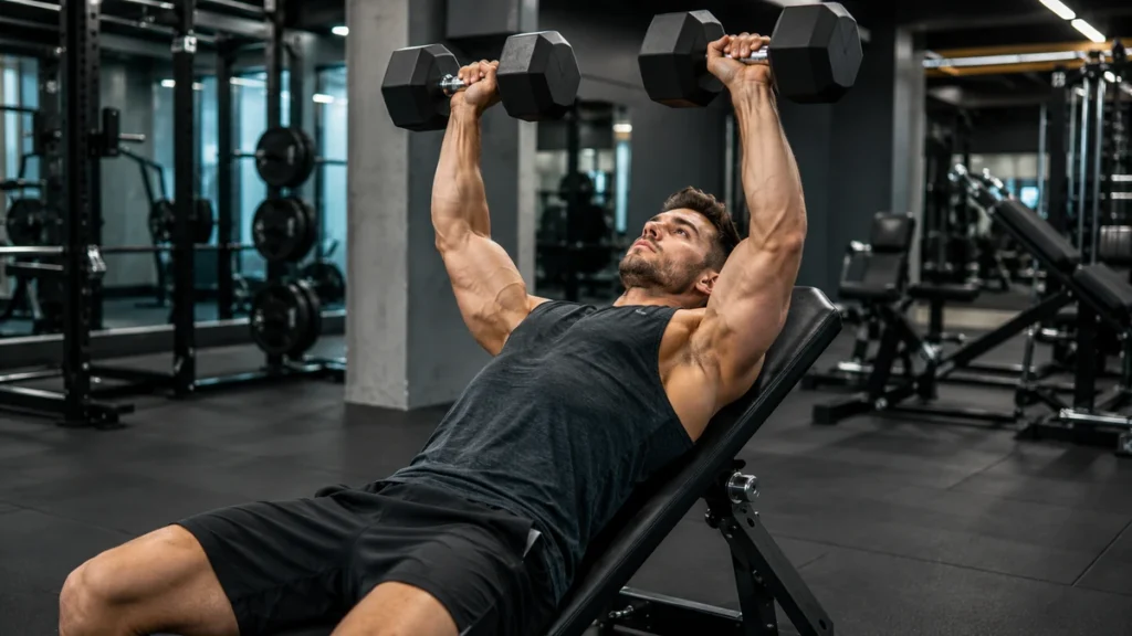 Homme réalisant un développé incliné haltères sur un banc en salle de musculation