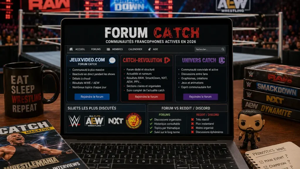 Ordinateur affichant un forum catch devant une arène de wrestling