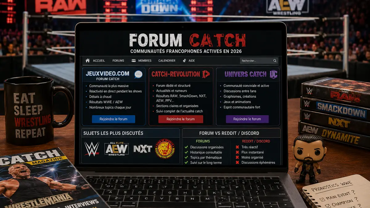 Ordinateur affichant un forum catch devant une arène de wrestling
