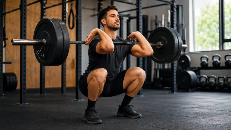 Homme réalisant un front squat avec barre en salle de musculation