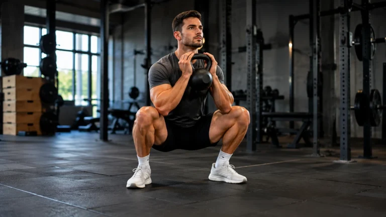 Homme réalisant un goblet squat avec kettlebell en salle de musculation