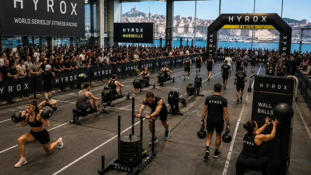 Compétition HYROX Marseille avec athlètes sur plusieurs ateliers fonctionnels