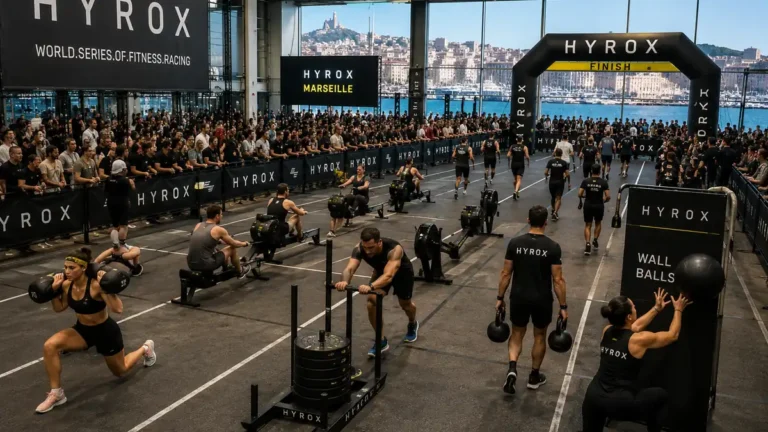 Compétition HYROX Marseille avec athlètes sur plusieurs ateliers fonctionnels