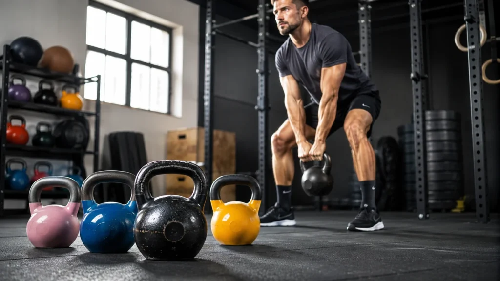 Homme s’entraînant avec une kettlebell dans une salle de musculation