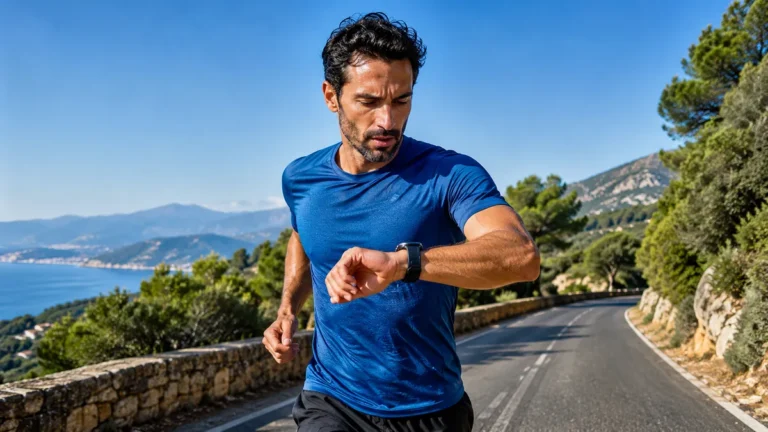 Coureur consultant sa montre running pendant une sortie sur route