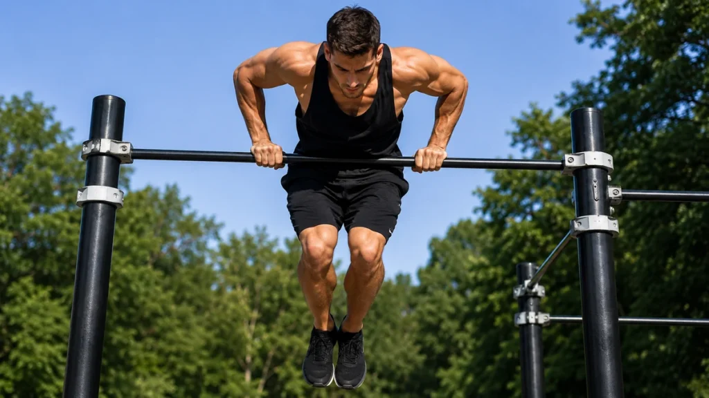 Homme réalisant un muscle up sur une barre en extérieur