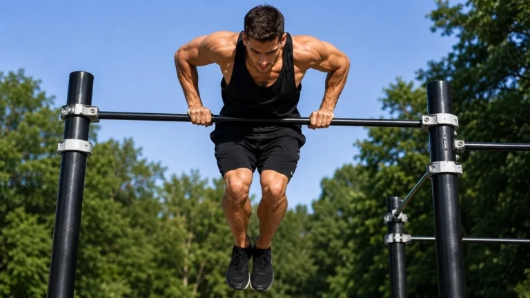 Homme réalisant un muscle up sur une barre en extérieur