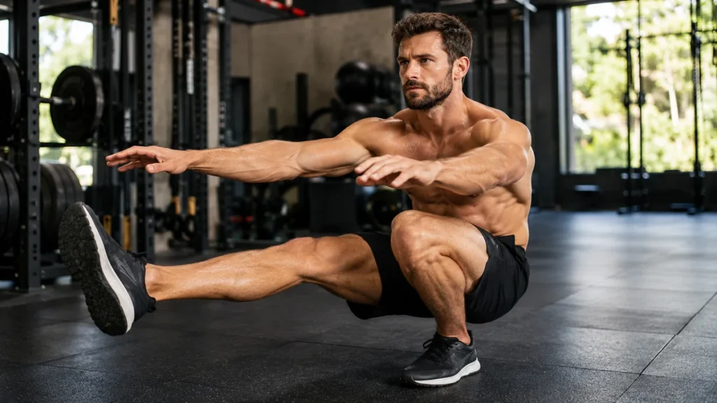 Homme réalisant un pistol squat en salle de musculation