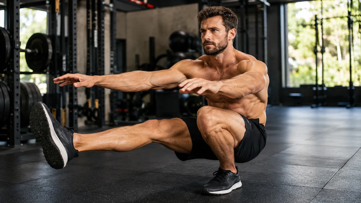 Homme réalisant un pistol squat en salle de musculation