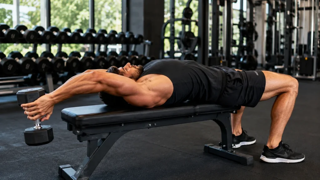 Pull over muscu avec haltère sur un banc