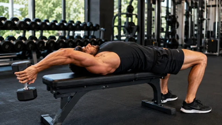 Pull over muscu avec haltère sur un banc