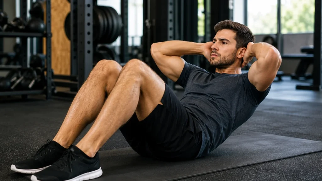 Homme réalisant un sit-up sur un tapis en salle de sport