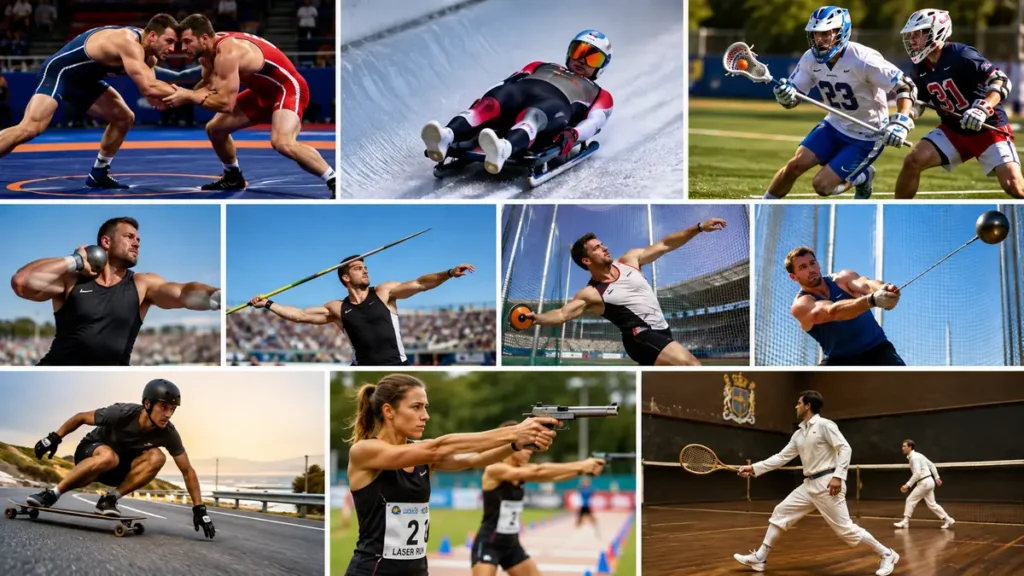 Sports en L avec plusieurs disciplines comme la lutte, la luge et le lacrosse