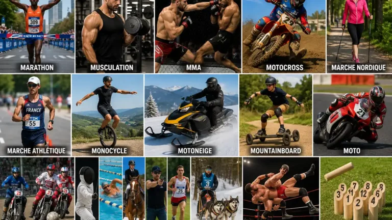 Montage de plusieurs sports en M comme le marathon, la musculation et le motocross