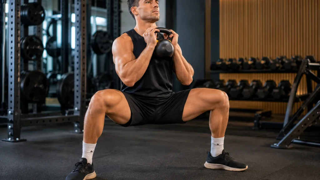 Homme réalisant un squat sumo avec kettlebell en salle de musculation