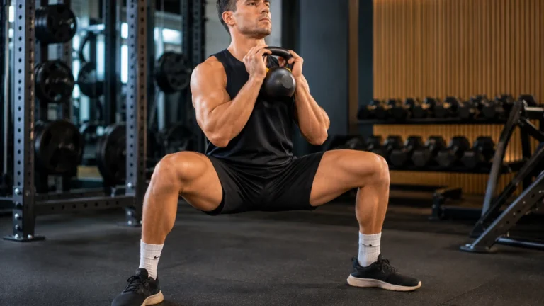 Homme réalisant un squat sumo avec kettlebell en salle de musculation