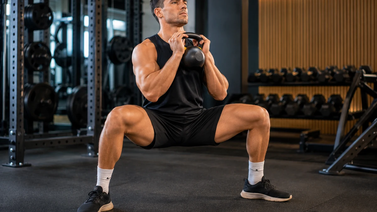 Homme réalisant un squat sumo avec kettlebell en salle de musculation