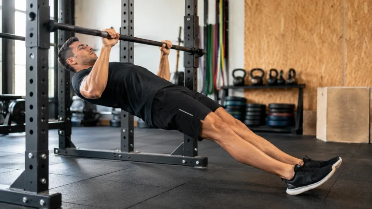Homme réalisant une traction australienne sous une barre en salle de musculation