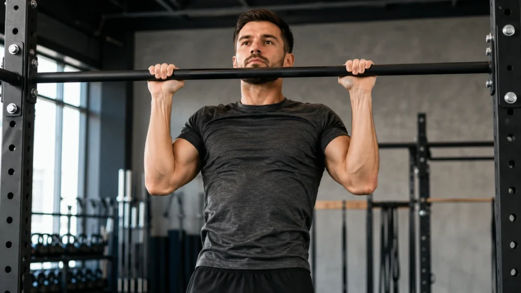 Homme réalisant une traction pronation sur une barre en salle de musculation