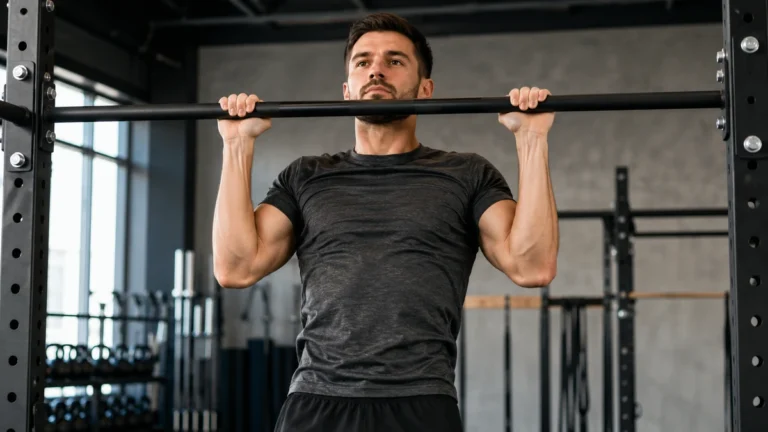 Homme réalisant une traction pronation sur une barre en salle de musculation