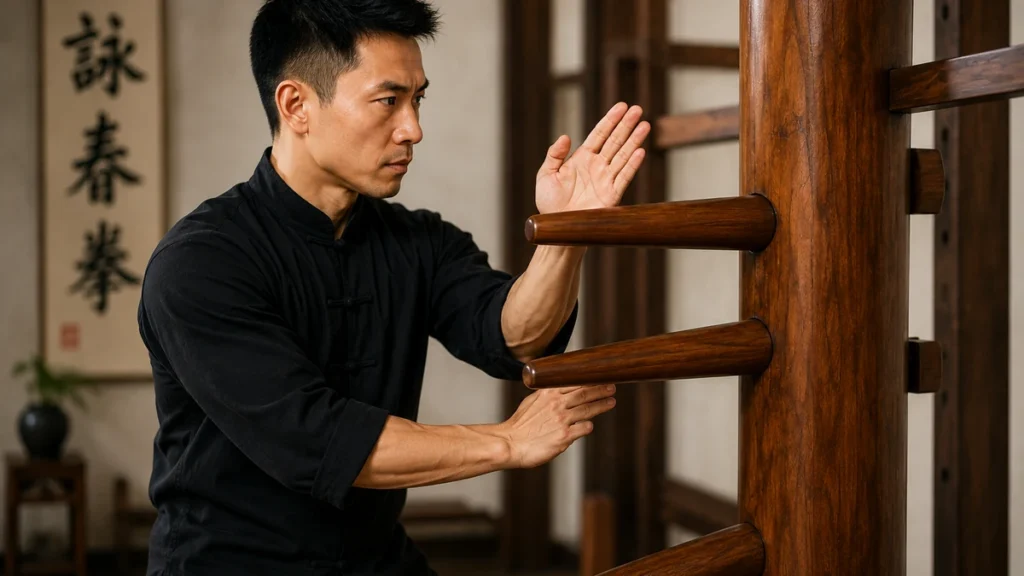 Pratiquant de Wing Chun s’entraînant sur un mannequin de bois