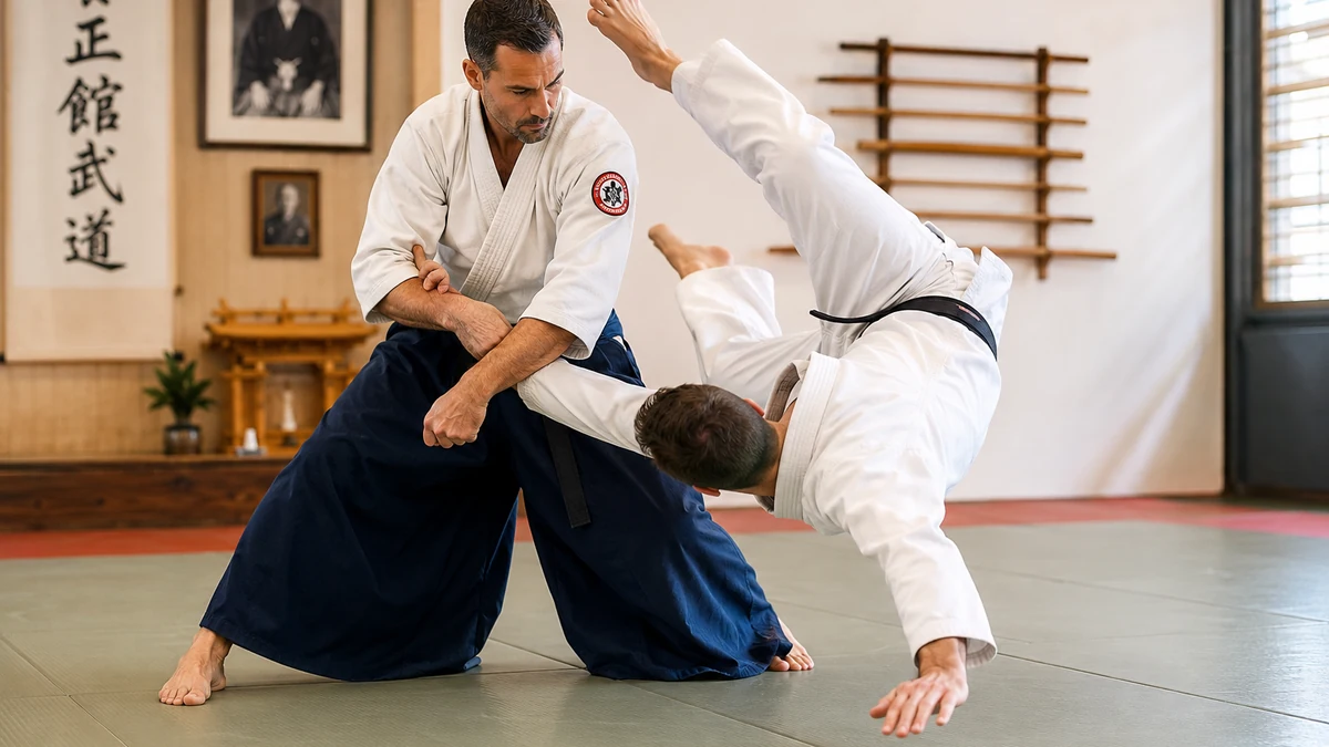 Deux pratiquants de Yoseikan Budo exécutant une projection dans un dojo