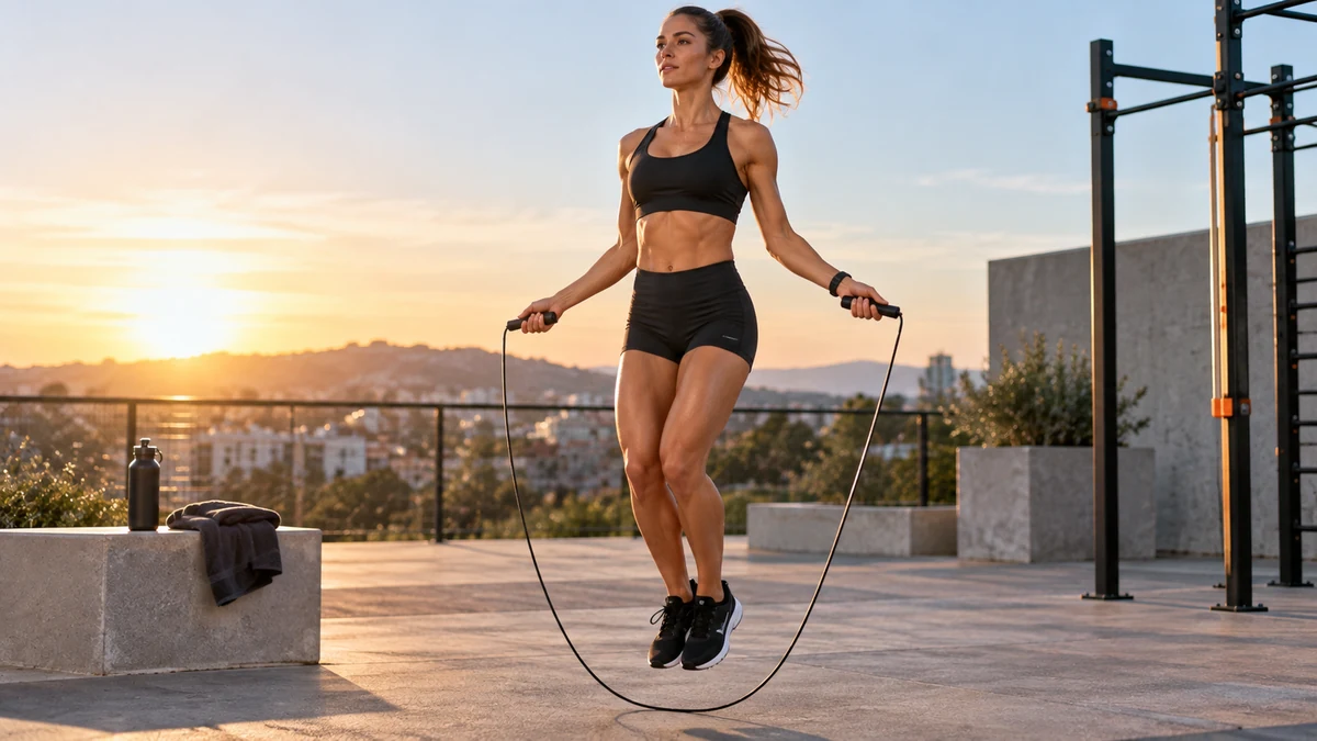 Femme pratiquant la corde à sauter pendant un programme d'un mois