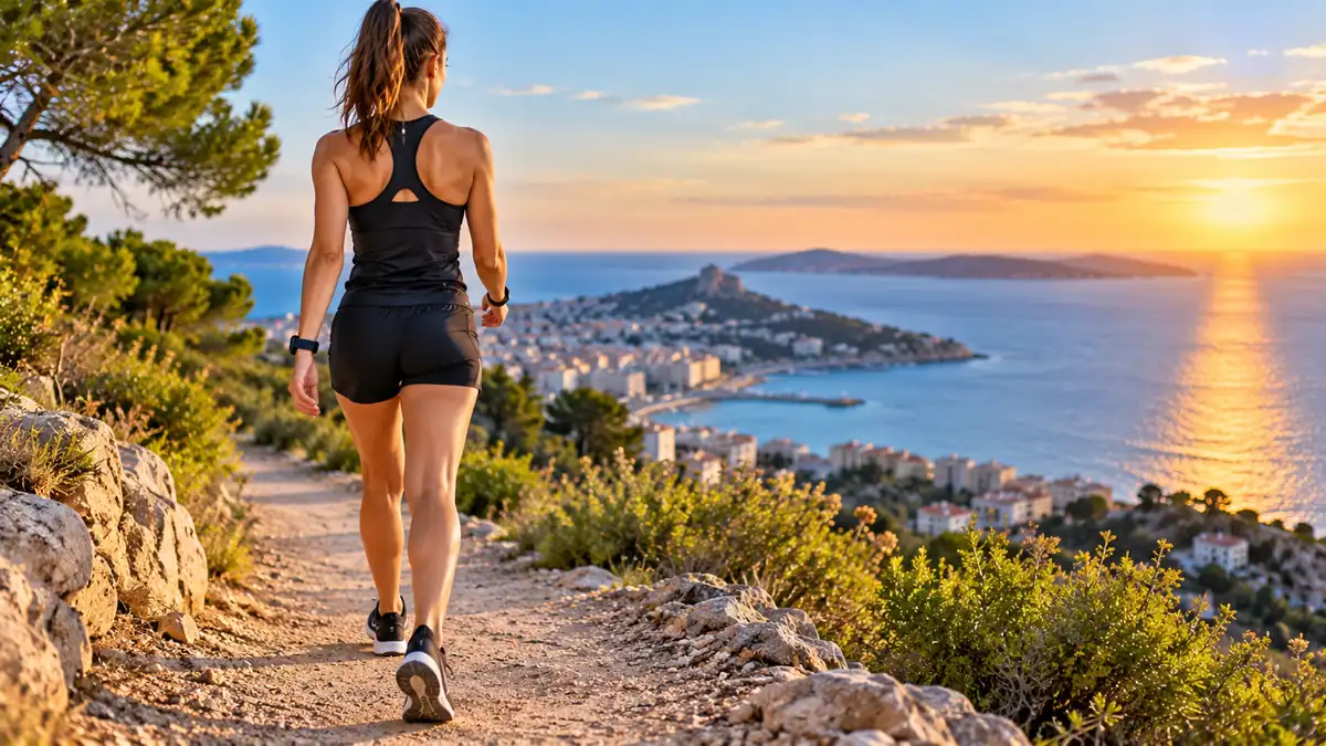 Femme effectuant 5000 pas lors d'une marche sportive en extérieur