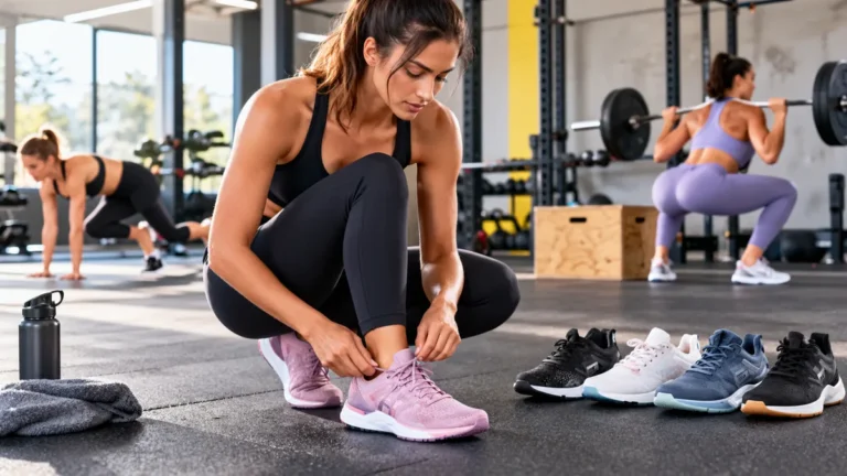 Femme ajustant ses baskets fitness avant un entraînement en salle
