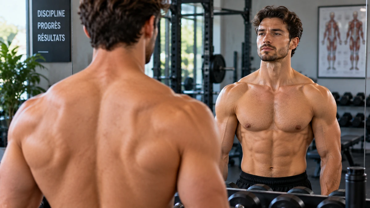Homme musclé observant sa morphologie et ses clavicules courtes en salle de sport