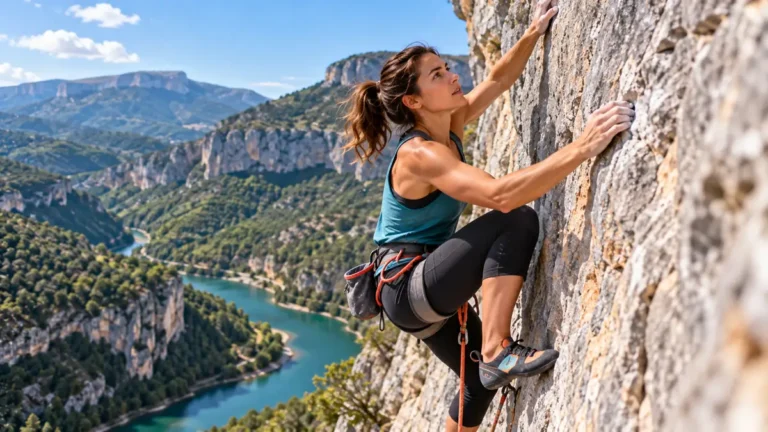Grimpeuse en falaise illustrant les différents niveaux de cotation escalade