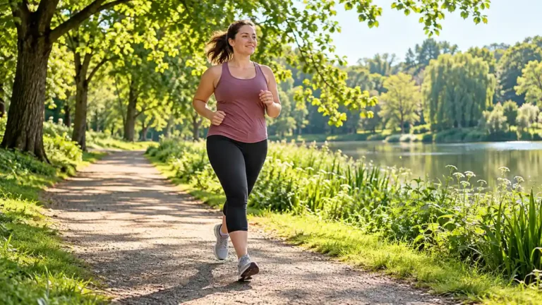Femme courant à allure modérée dans un parc pour perdre du poids