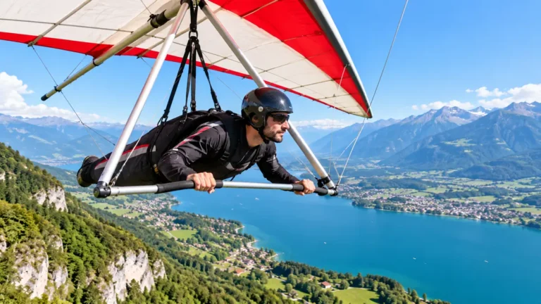 Pilote de delta plane en vol au-dessus d'un lac et des montagnes