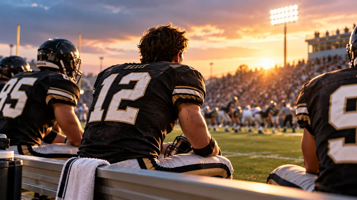 Joueurs de football américain sur le banc pendant un match au coucher du soleil
