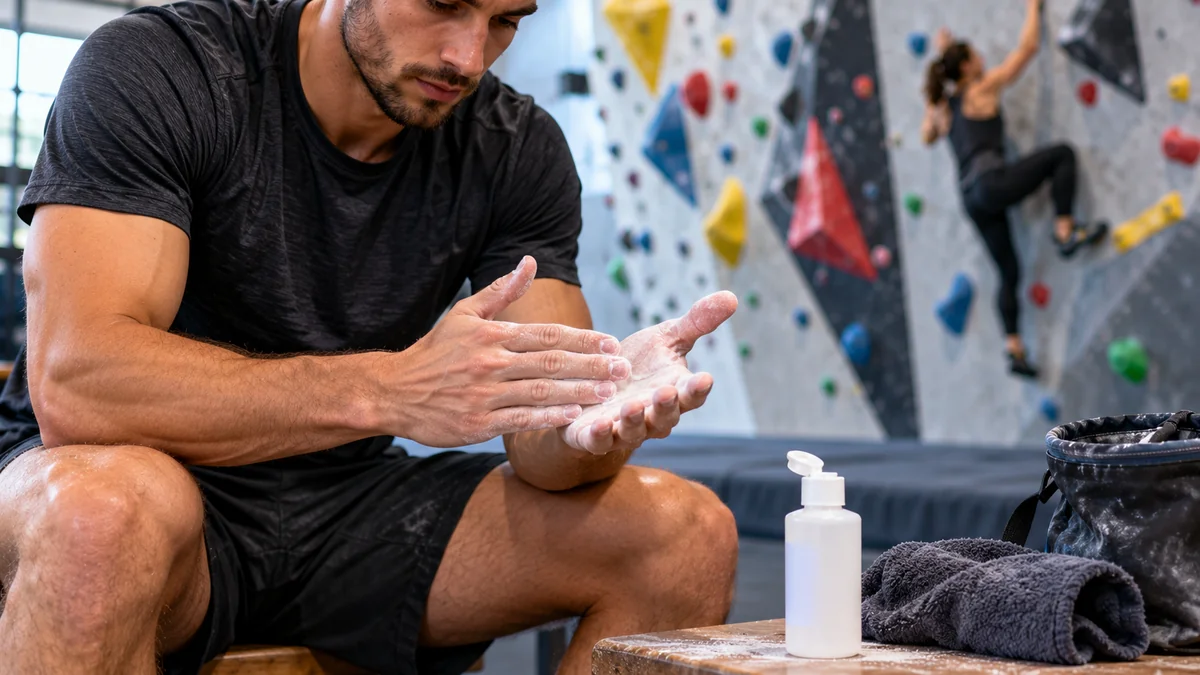 Grimpeur appliquant de la magnésie liquide sur ses mains avant l'escalade