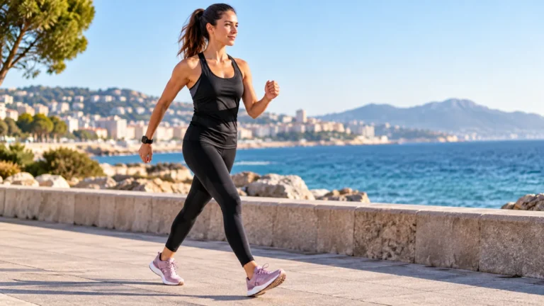 Femme pratiquant la marche rapide à une allure sportive en extérieur