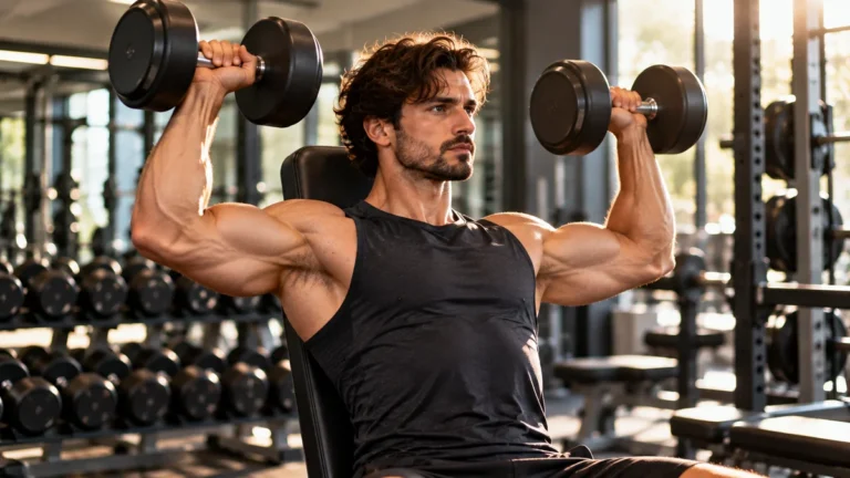 Homme réalisant un développé avec haltères pour la musculation des épaules
