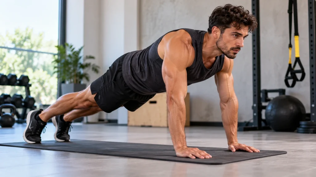 Homme réalisant une planche dynamique sur un tapis de sport