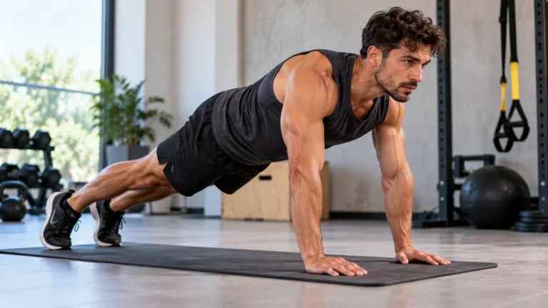 Homme réalisant une planche dynamique sur un tapis de sport