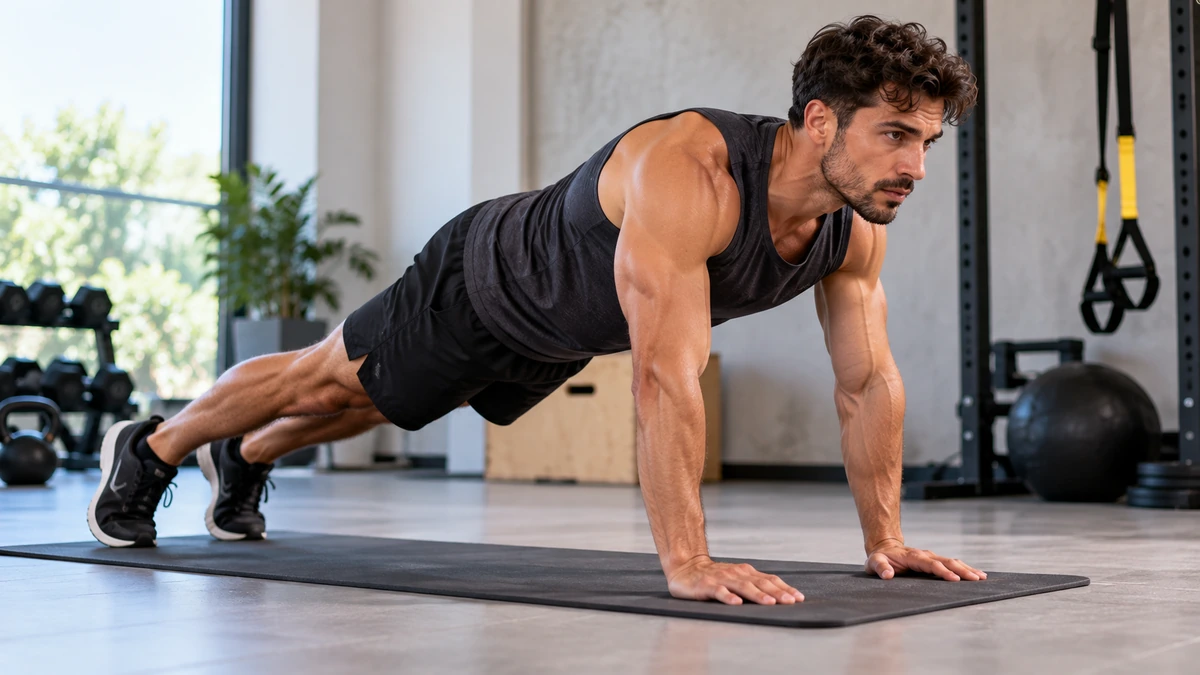 Homme réalisant une planche dynamique sur un tapis de sport