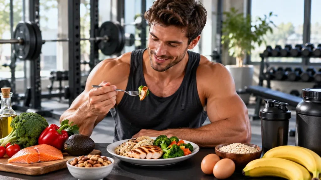 Homme musclé avec un repas riche en protéines pour une prise de masse musculaire
