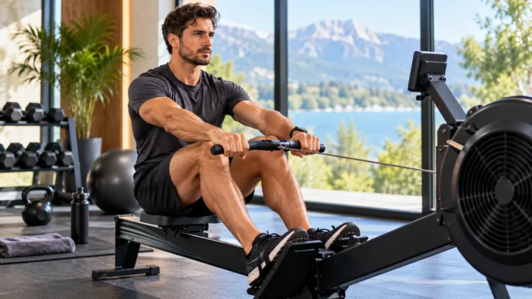 Homme s'entraînant sur un rameur pour profiter de ses bienfaits cardio et musculaires