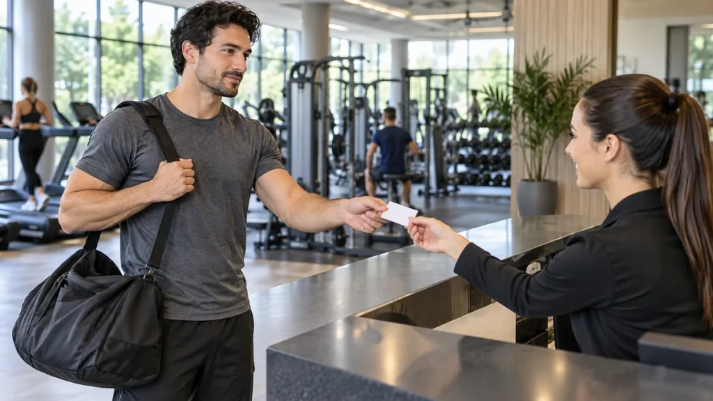Membre remettant sa carte d’accès à l’accueil d’une salle de sport