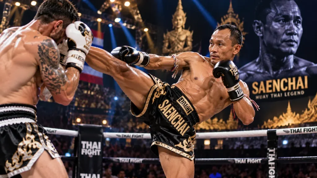 Saenchai exécutant un coup de pied lors d'un combat de Muay Thaï