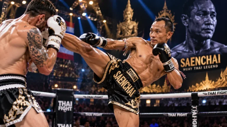 Saenchai exécutant un coup de pied lors d'un combat de Muay Thaï