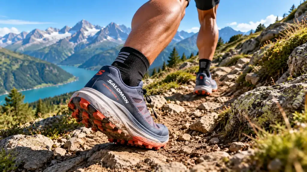 Salomon Ultra Glide 3 portée par un traileur sur un sentier de montagne
